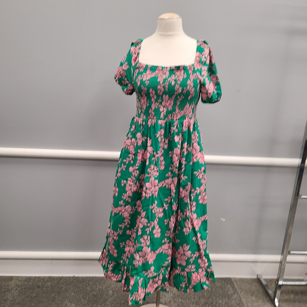J. Crew Smocked Green Dress with Pink Floral Pattern
